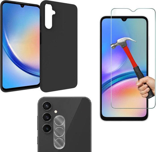 Coque arrière en silicone noire avec 1 Glas de protection d&rsquo;écran et 1 protection lens d&rsquo;appareil photo Convient pour : Samsung Galaxy A15