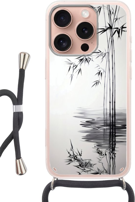 Coque de téléphone compatible avec iPhone 16 Pro – Bamboo Trunks – Water – Minimaliste – Wit – Siliconen – Bandoulière – Coque arrière avec cordon – Coque de téléphone avec cordon – Coque de téléphone avec corde