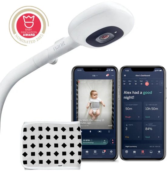 Babyfoon caméra Nanit Pro avec application + support au sol + sangle respiratoire sans capteur – Entraîneur de sommeil – Cryptage AES 256 bits