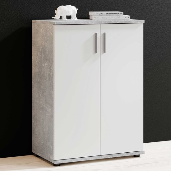 Commode Debby 2 portes – blanc/béton – Bega Consult – Armoires de salon – Blanc|Gris|Look béton – Panneaux de particules – Armoires de salon