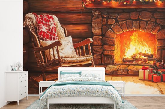 Behang – Fotobehang Winter – Kerst – Huis – Openhaard – Breedte 330 cm x hoogte 220 cm