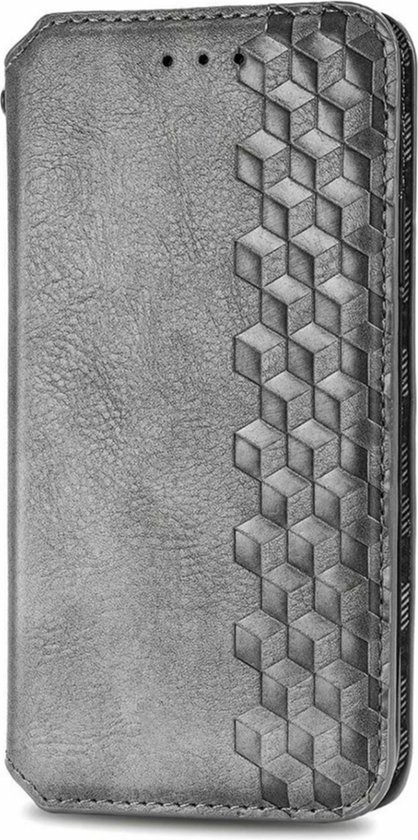 Coque adaptée pour iPhone 16 Plus – Bookcase – Porte-cartes – Portefeuille – Motif losanges – Simili cuir – Grijs