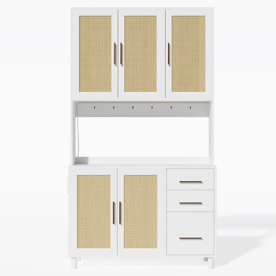 Buffet de cuisine 183 cm, meuble buffet, éclairage LED décoratif contrôlé par application, 2 ports USB, 2 prises, étagères réglables, 3 tiroirs, poignées en métal doré, pour cuisines et salles à manger