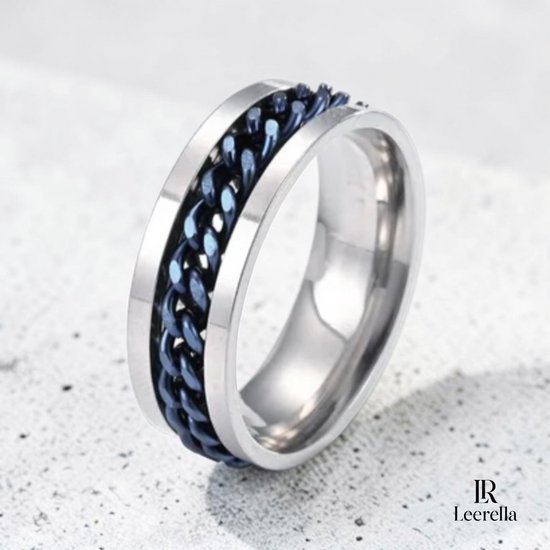 Bague Unisexe en Acier Inoxydable Leerella avec Incrustation de Chaîne Argenté-Bleu Taille 8/18,2mm – Bague en Acier Inoxydable Hommes & Femmes – 4 Couleurs