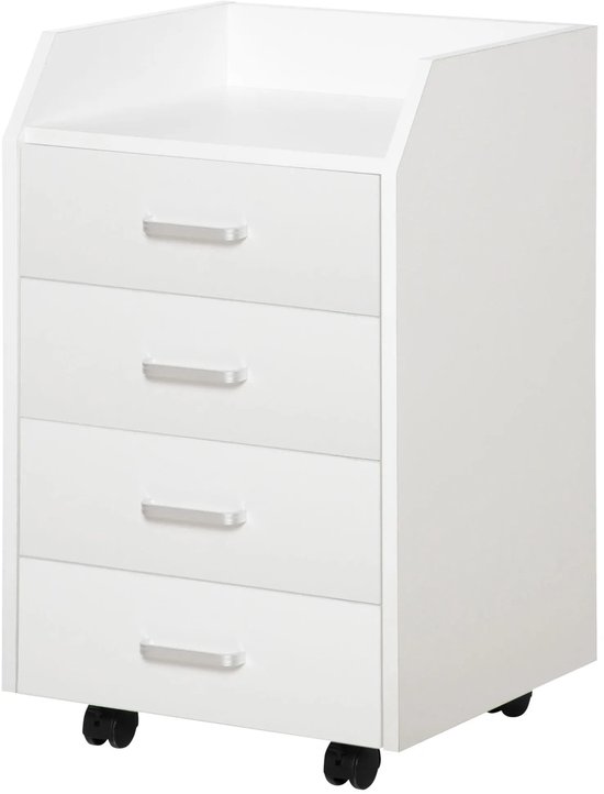 Delightness Meuble à tiroirs – Sur roulettes – Commode – 4 tiroirs – Armoire de rangement – Bloc de tiroirs – Avec frein – Intérieur – Hall – 40x36x65cm – Blanc