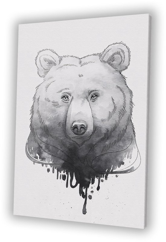 Dessin à l&rsquo;encre d&rsquo;ours Zwart et blanc – Portrait d&rsquo;ours – Décoration murale toile animaux – Encre – Décoration murale industrielle – Accessoires de maison – toile 80×120 cm