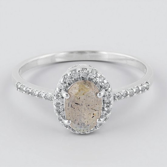 Cavill – Bague en argent avec labradorite ovale de 0,64 ct de Madagascar – Argent sterling 925 avec 32 topazes blanches – Bague élégante pour femme avec pierre précieuse