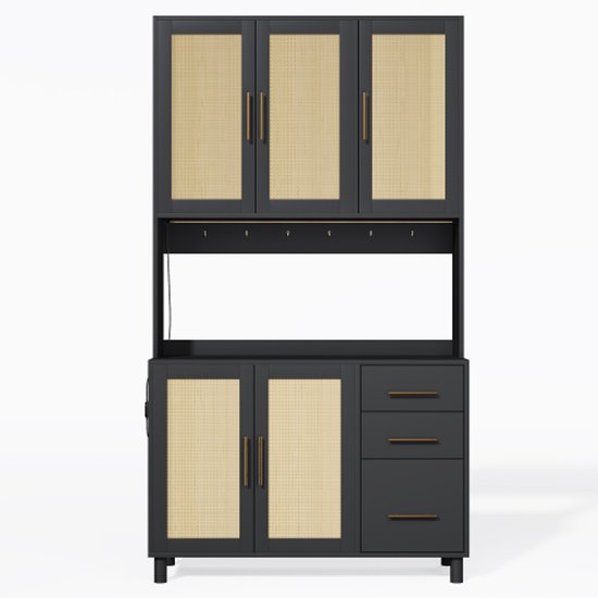 Buffet de cuisine 183 cm, éclairage LED décoratif contrôlé par application, 2 ports USB, 2 prises, étagères réglables, 3 tiroirs, poignées en métal doré, pour cuisines et salles à manger