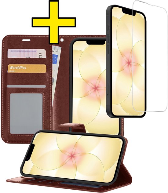 Étui – Met Protecteur d&rsquo;écran – Compatible avec Apple iPhone 17e – Porte-cartes Luxe – Bookcase Portefeuille – Flip Case – Étui Book Case en cuir synthétique – Flipcase – Book Cover – Walletcase – Étui portefeuille – Étuis de téléphone – Marron