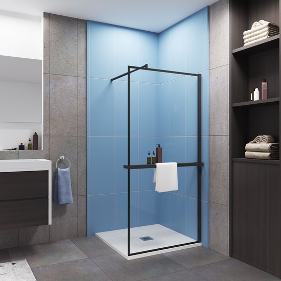 Choix idéal pour la salle de bains – Douche à l&rsquo;italienne 90×200 cm – Verre Easy Clean 8 mm avec sérigraphie noire – Plateau – Stabilisateurs réglables 70-120 cm – Noir mat