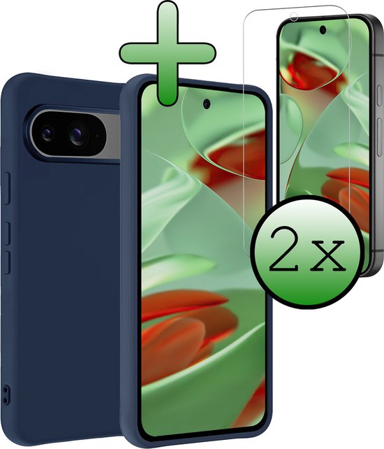 Coque pour Google Pixel 9, coque arrière en Siliconen avec 2 films de protection d&rsquo;écran – Coque pour Google Pixel 9 – Bleu foncé
