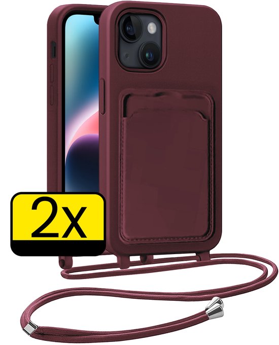 Étui Convient pour iPhone 13 Étui Téléphone Met Cordon Case Porte-cartes Siliconen – Housse Convient pour iPhone 13 Étui Met Porte-cartes – Aubergine – 2 Pièces