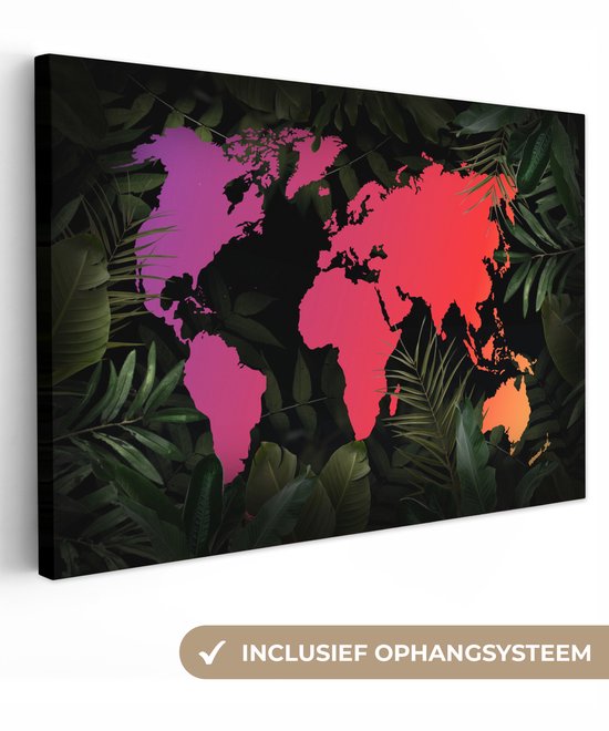 Carte du monde mauve et rose encadrée de feuilles tropicales 120×80 cm