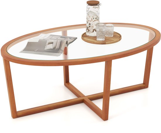 COSTWAY Table basse en verre, table d&rsquo;appoint, ovale, transparente, table de salon avec base en croix et pieds en bois d&rsquo;acacia, table en verre moderne, table basse pour salon, 118 x 71,5 x 47,5 cm