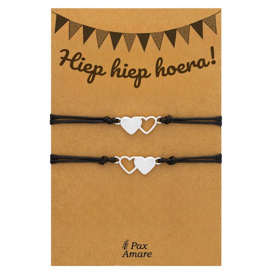 Bracelets d&rsquo;amitié pour 2 « Hip Hip Hourra » – Hartjes – Bracelets BFF avec carte cadeau d&rsquo;anniversaire – Couleur argent – Élastique et ajustable – Pax Amare