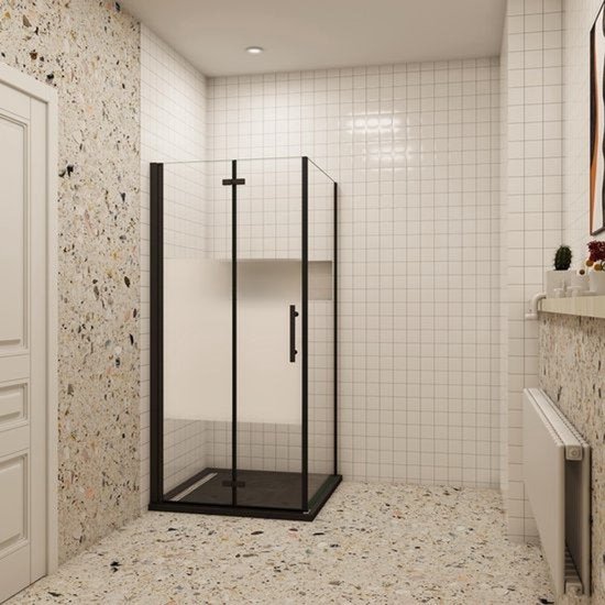 Cabine de douche rectangulaire Black Poppy, porte pliante 70 cm avec paroi fixe 80 cm, Glas semi-dépoli 6 mm Zwart mat