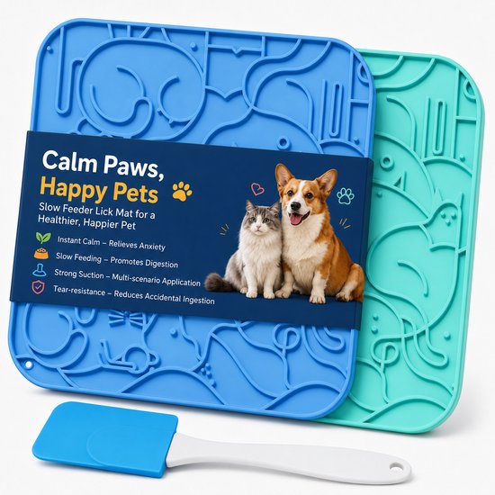 BOTC Likmat Chien avec spatules en silicone – Tapis de léchage 3 pièces Tapis d&rsquo;alimentation Chien – tapis d&rsquo;alimentation – Mangeur lent Chien – Bleu et Vert