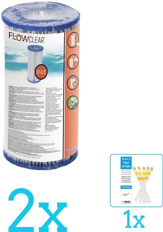 Bestway Flowclear – Cartouche filtrante (III) – 2 pièces – Pack économique – Comprenant des bandelettes de test WAYS (1 pièce)