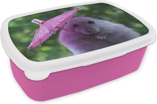 Boîte à lunch Rose – Boîte à lunch – Boîte à lunch – Hamster avec un parasol rose – 18x12x6 cm – Enfants – Fille – Cadeau Sinterklaas – Distribution de cadeaux pour enfants – Cadeaux chaussures Sinterklaas