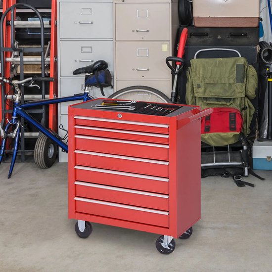 Chariot à outils Pugsdrly, 2 petits et 5 grands tiroirs, acier, jusqu&rsquo;à 150 kg, 69 x 33 x 75 cm, rouge