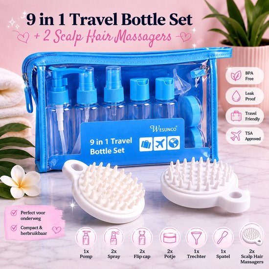 Bouteilles de voyage Bagage à main 9 pièces – Accessoires de voyage – Bouteilles de voyage – Pots cosmétiques – Bouteilles de voyage – Emballage de voyage – Ensemble de voyage -Bouteilles de voyage bleu clair
