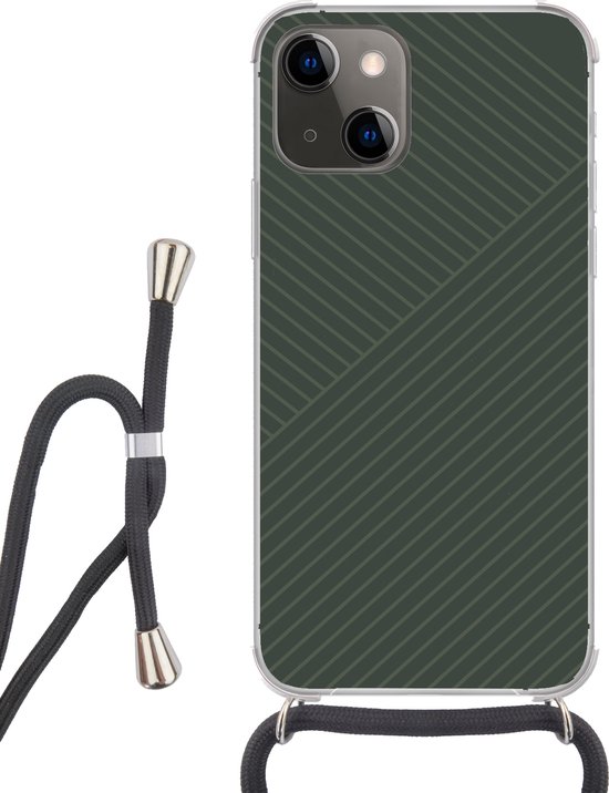 Coque de téléphone adaptée à iPhone 13 – Lignes – Abstrait – Vert – Minimaliste – Siliconen – Bandoulière – Coque arrière avec cordon – Coque de téléphone avec cordon – Coque avec corde Coque de téléphone