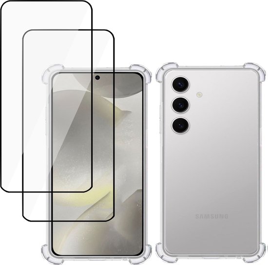 Convient pour Samsung Galaxy S24 – Coque + 2x Protecteur d&rsquo;écran – Couverture complète en Glas trempé + Coque antichoc – Transparent