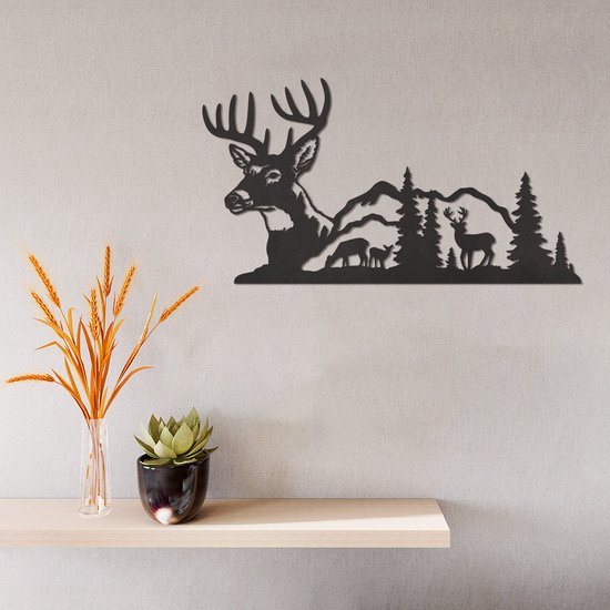 Décoration murale – Paysage Cerf – Bois – Art Décoration murale – Décoration Murale – Salon – Zwart – 49 x 26,5 cm