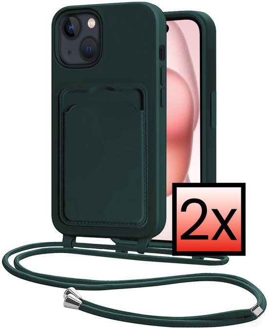 Étui Convient pour iPhone 15 Étui Porte-cartes Housse Met Cordon Coque Siliconen Étui Met Cordon Téléphone et Porte-cartes – Vert foncé – 2 PACK