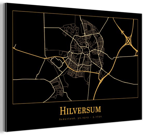 Décoration murale métal – Tableau aluminium industriel – Carte – Hilversum – Simple – Goud – Zwart – 60×40 cm – Dibond – Photo sur aluminium – Décoration murale industrielle – Pour le salon/chambre