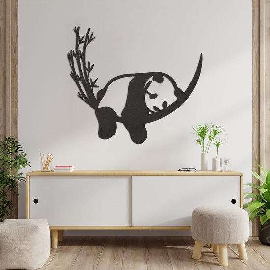 Décoration murale – Panda Lune Bamboo – Animaux – Bois – Wall Line Art – Décoration Décoration murale – Salon – Chambre – A Accrocher Au Mur – Zwart – 67,5 x 59 cm