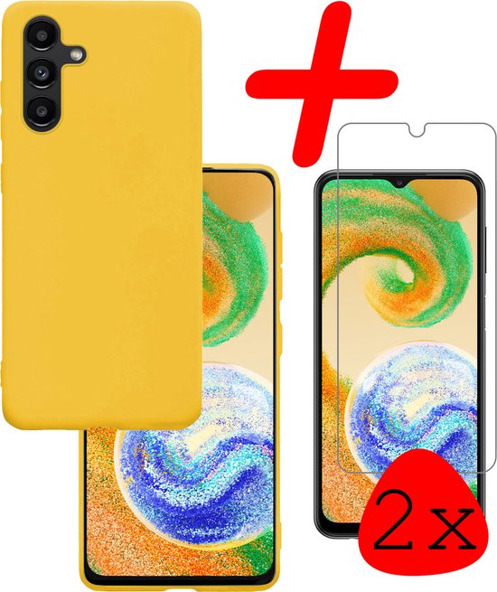 Coque Samsung Galaxy A04s Coque Arrière en Siliconen avec 2x Protecteur d&rsquo;Ecran – Coque Samsung A04s Coque en Silicone – Jaune