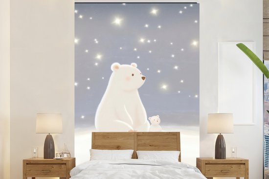 Behang – Fotobehang Ijsbeer – Sneeuw – Sterren – Blauw – Breedte 160 cm x hoogte 240 cm