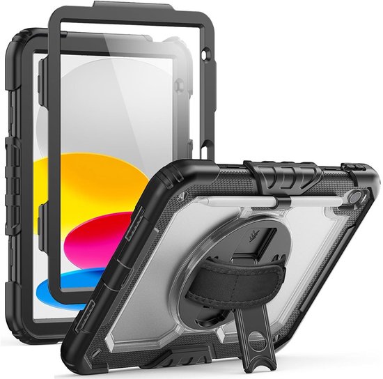 CaseBoutique Rugged Case housse à poignée compatible avec iPad Air 4 & Air 5 (2020/2022) – Transparent/Noir – TPU et plastique – Compatible étiquette d&rsquo;identification d&rsquo;actifs – Bandoulière optionnelle
