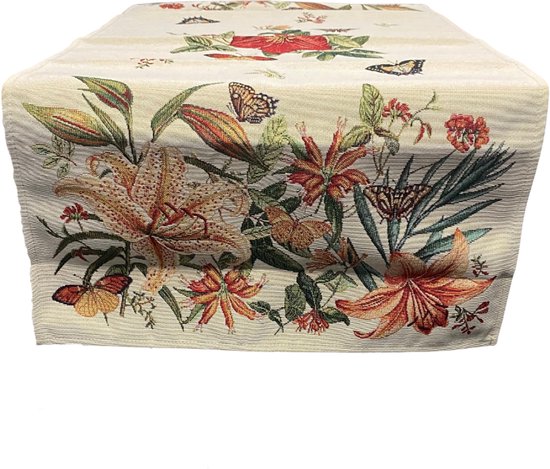 Chemin de table – Tissu tapisserie de luxe – Tiffany – Fleurs et papillons rouges colorés – Chemin de table 100 cm