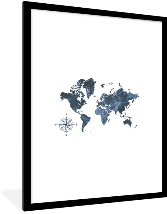 Cadre photo avec affiche – Wereldkaart – Blauw – Wit – 60×80 cm – Cadre pour affiche