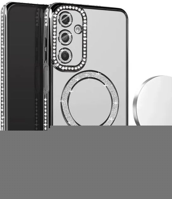 Coque avec diamants et Glitter Compatible avec : Samsung Galaxy A25 – Coque MagSafe Glitter – Zwart avec pierres de diamant – Glamour Case