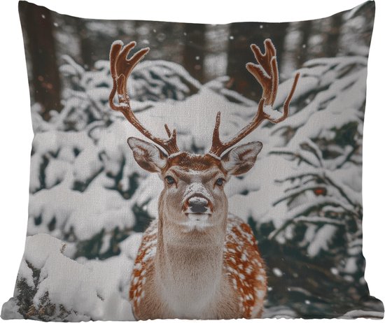 Coussin d&rsquo;extérieur résistant aux intempéries – Cerf – Neige – Hiver – Forêt – Animaux – 50×50 cm