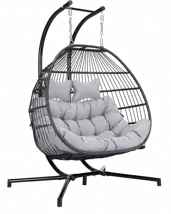 Chaise suspendue Alta Ogarden – Cadre Zwart – avec coussin Grijs plus épais – 137 x 98 x 195 cm – Chaise à bascule pour 2 personnes – Balançoire suspendue – Pour une utilisation intérieure et extérieure
