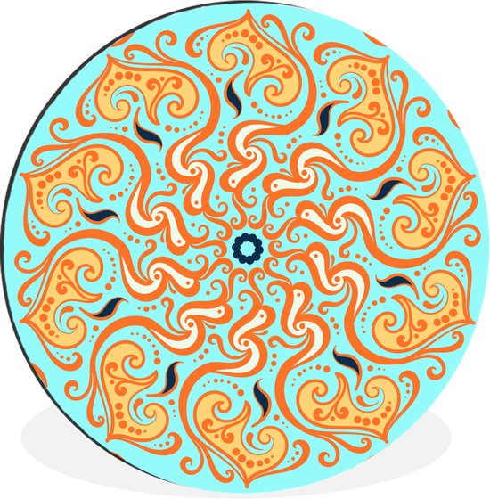 Cercle mural motif carré aluminium – motif carré avec mandala orange fond bleu clair Cercle mural aluminium – ⌀ 30 cm – peinture ronde – impression photo sur aluminium / dibond / cercle mural / cercle vivant / cercle de jardin (décoration murale)
