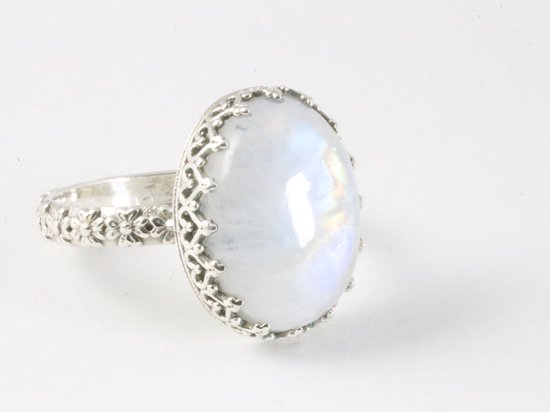 Bague artisanale en argent avec pierre de lune arc-en-ciel – taille 19