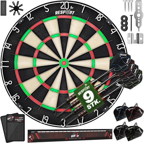 Ensemble RE:SPORT® Sisal Premium Dartboard XXL avec 9 fléchettes professionnelles + 24 ailettes Pro + accessoires | Cible de fléchettes Steeldart incluant kit de montage | cible de fléchettes en acier avec fléchettes pointe métallique ligne de dépa