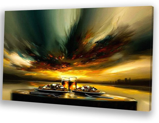 Coucher de soleil avec table et verres – Toile coucher de soleil – Décoration murale tableau toile – Expressionnisme abstrait – Décoration murale moderne – Décoration murale chambre – Toile 90×60 cm