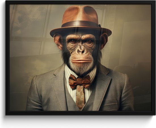 Cadre photo avec affiche – Cadre pour affiche 80×60 cm – Posters – Vintage – Singe – Chapeau – Costume – Grijs – Animaux – Chimpanzé – Décoration photo en cadre – Décoration murale salon – Décoration murale chambre