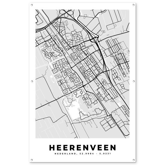 Décoration murale Plan de la ville – Heerenveen – Grijs – Wit – 120×180 cm – Poster jardin – Carte – Toile jardin – Poster extérieur