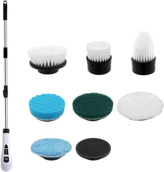 Brosse de nettoyage-Brosse de nettoyage électrique avec 8 embouts – Brosse électrique sans fil – Manche extensible – Idéal pour salle de bain, carrelage et cuisine – Blanc