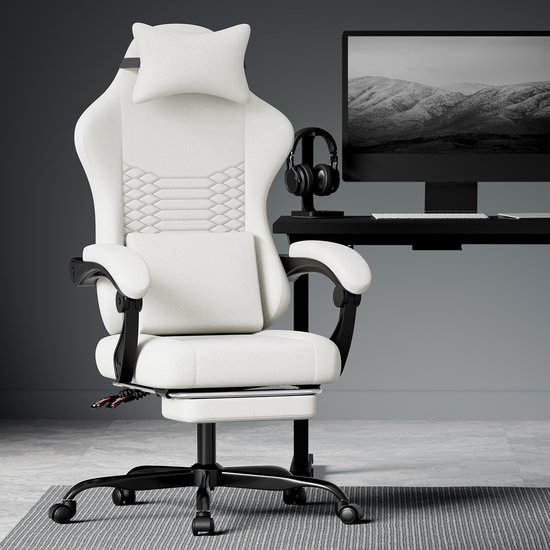 Chaise de jeu OKWISH – Ergonomique avec appui-tête et repose-pieds – Dossier réglable – Tissu – Blanc – Pour le jeu et le travail