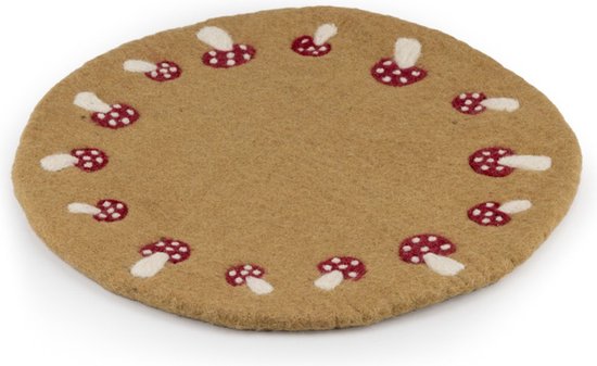 Dessous de verre 35cm Beige marron – Feutre Fairtrade – Champignons Rouge & Blanc – xxcm – Homedeco