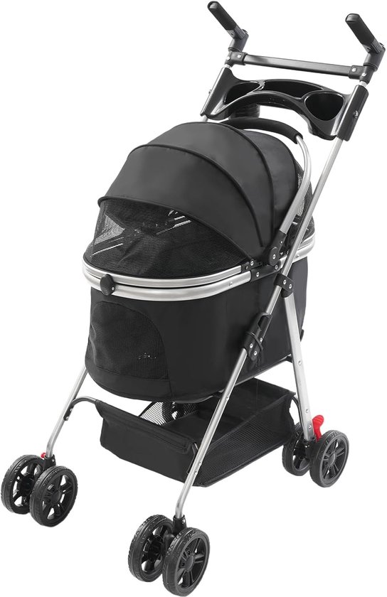 Chariot pliable 3-en-1 pour animaux de compagnie pour chat et chien – Chariot multifonctionnel pour chien avec sac de transport et porte-boissons – Gris.