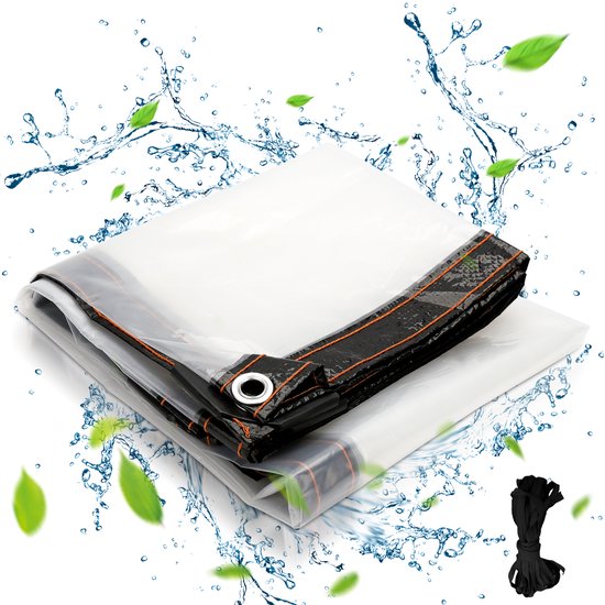 Bâche – housse de protection – imperméable transparente – bâche avec yeux et corde – lavable – bâche multifonction – corde imperméable noire – pour recouvrir le salon de jardin – 2 mx 5 m